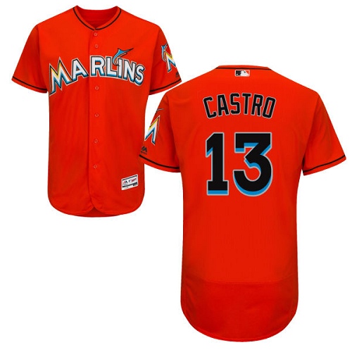marlins #13 Starlin Castro Orange Flexbase Authentic Collection Stitched MLB Jersey
